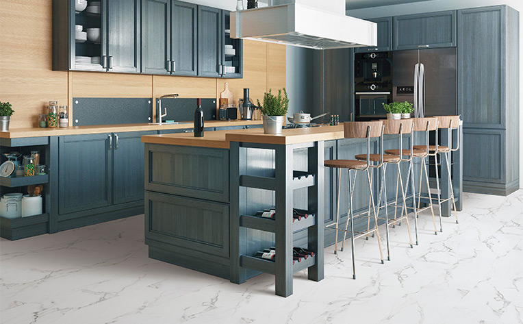 marble look vinyl tile flooring in kitchen